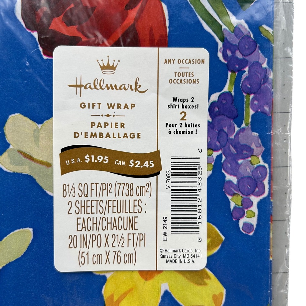 Hallmark Gift Wrap Floral 2 Sheets Blue Red Yellow Vintage Garden Botanical